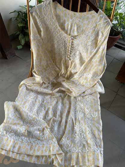 White & Yellow Floral Print Cotton Chikankari Long Kurta