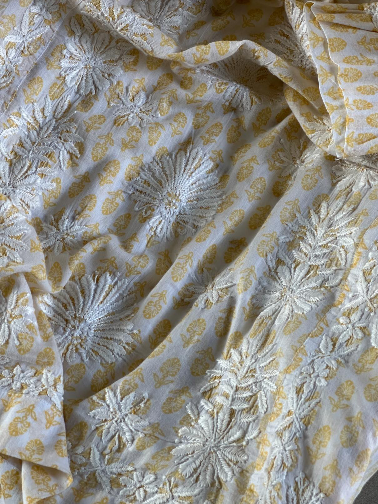 White & Yellow Floral Print Cotton Chikankari Long Kurta