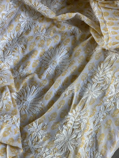 White & Yellow Floral Print Cotton Chikankari Long Kurta