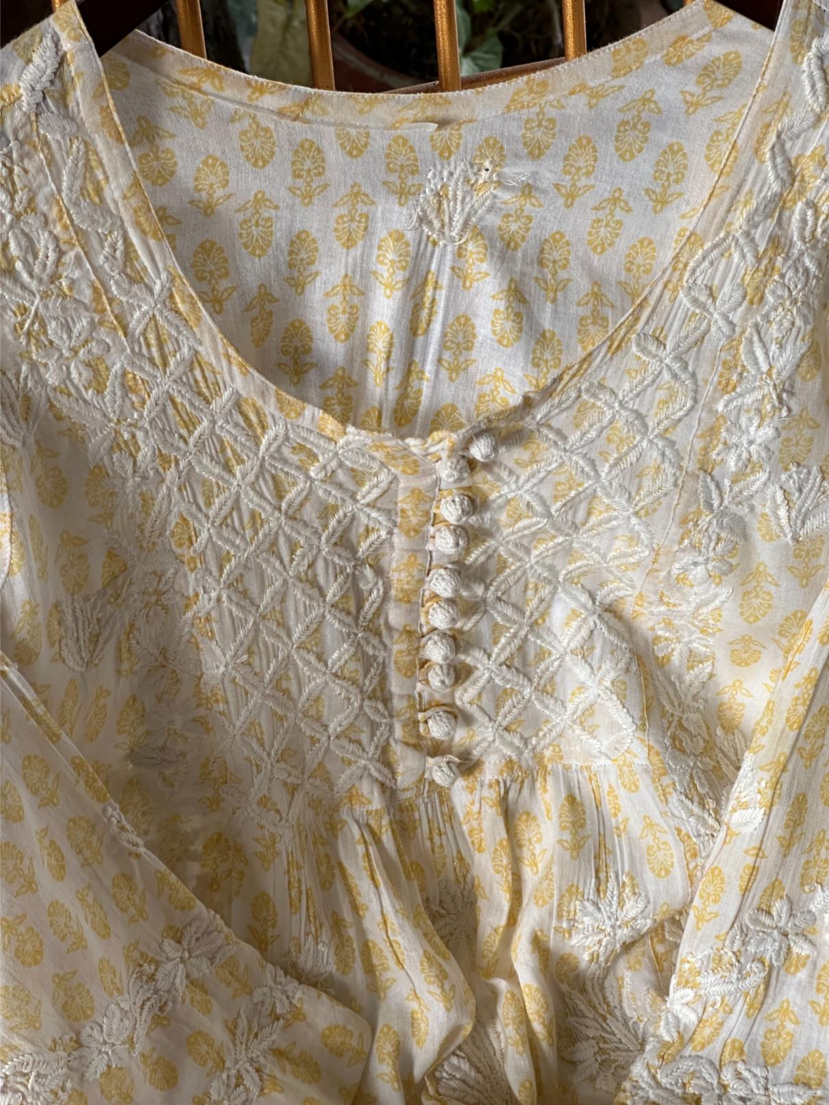 White & Yellow Floral Print Cotton Chikankari Long Kurta