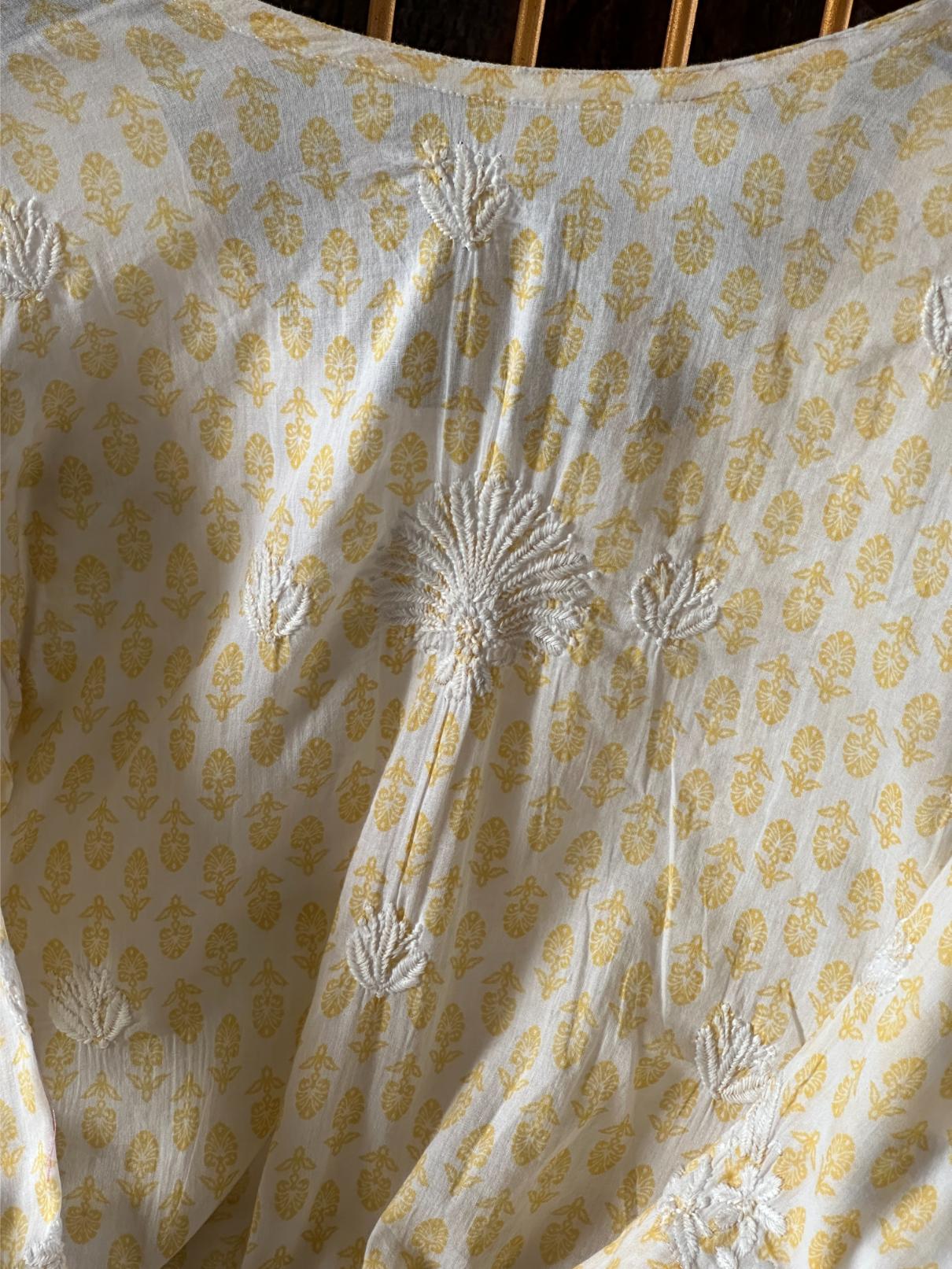 White & Yellow Floral Print Cotton Chikankari Long Kurta