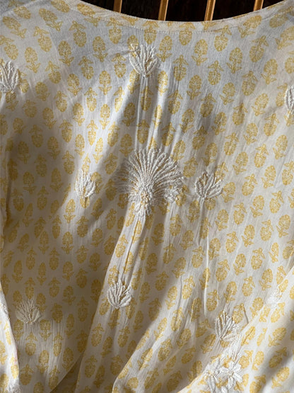 White & Yellow Floral Print Cotton Chikankari Long Kurta