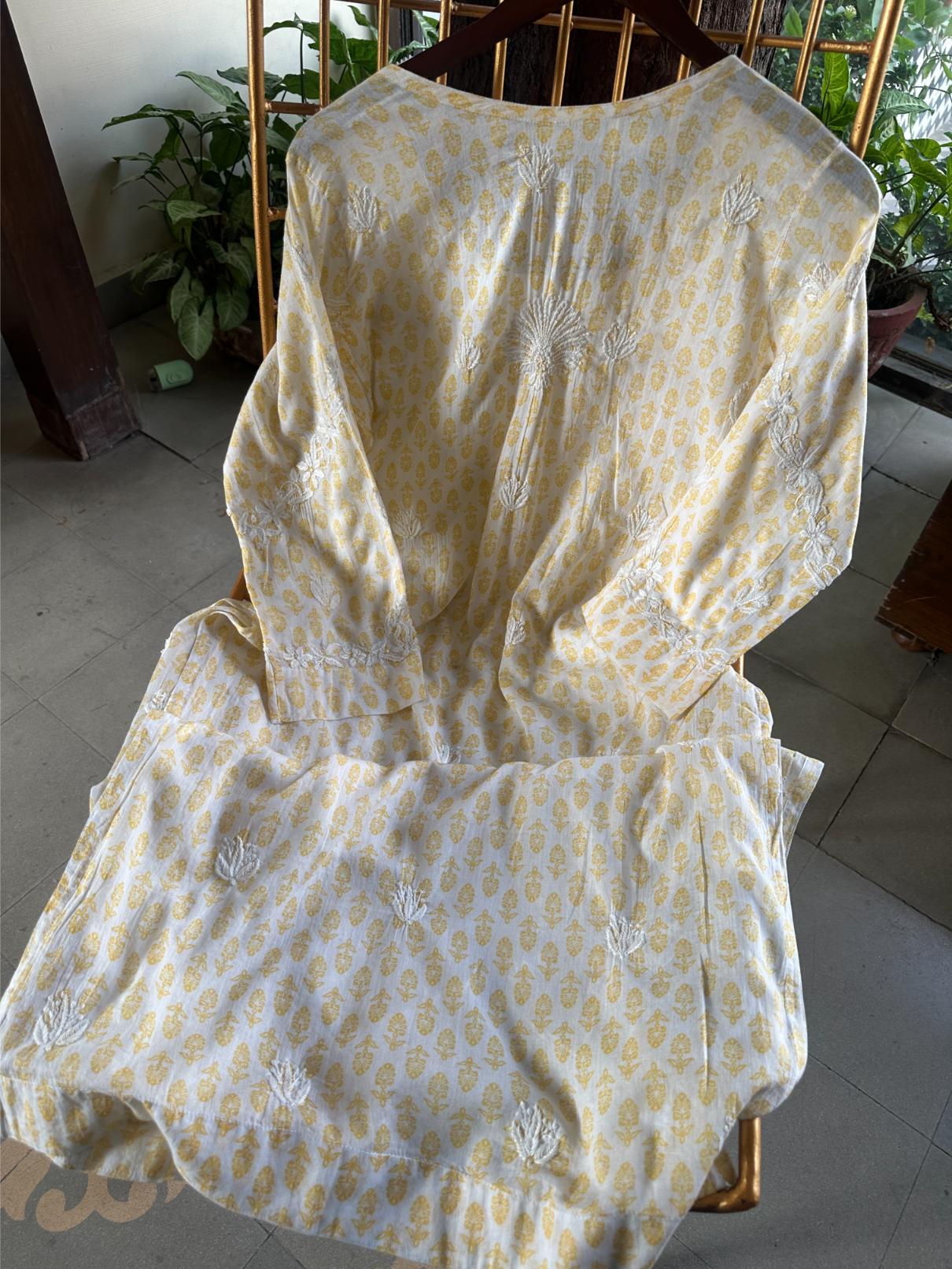 White & Yellow Floral Print Cotton Chikankari Long Kurta