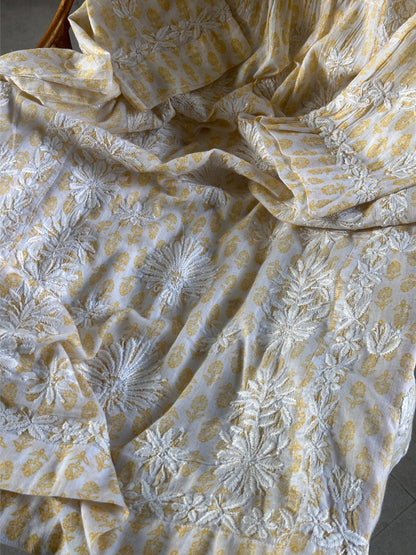 White & Yellow Floral Print Cotton Chikankari Long Kurta