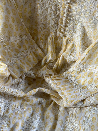White & Yellow Floral Print Cotton Chikankari Long Kurta