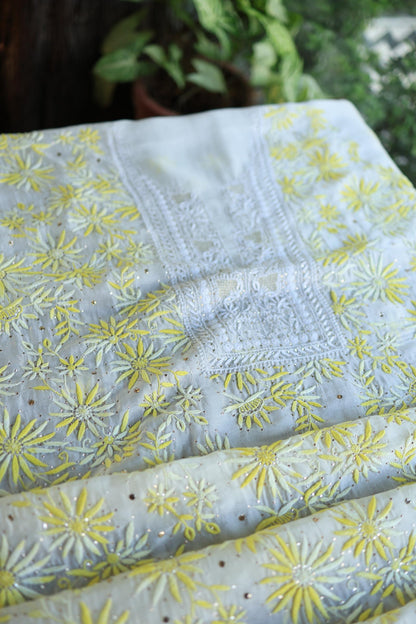 White & Yellow Noor Organza Silk Chikankari With Kamdani Fabric