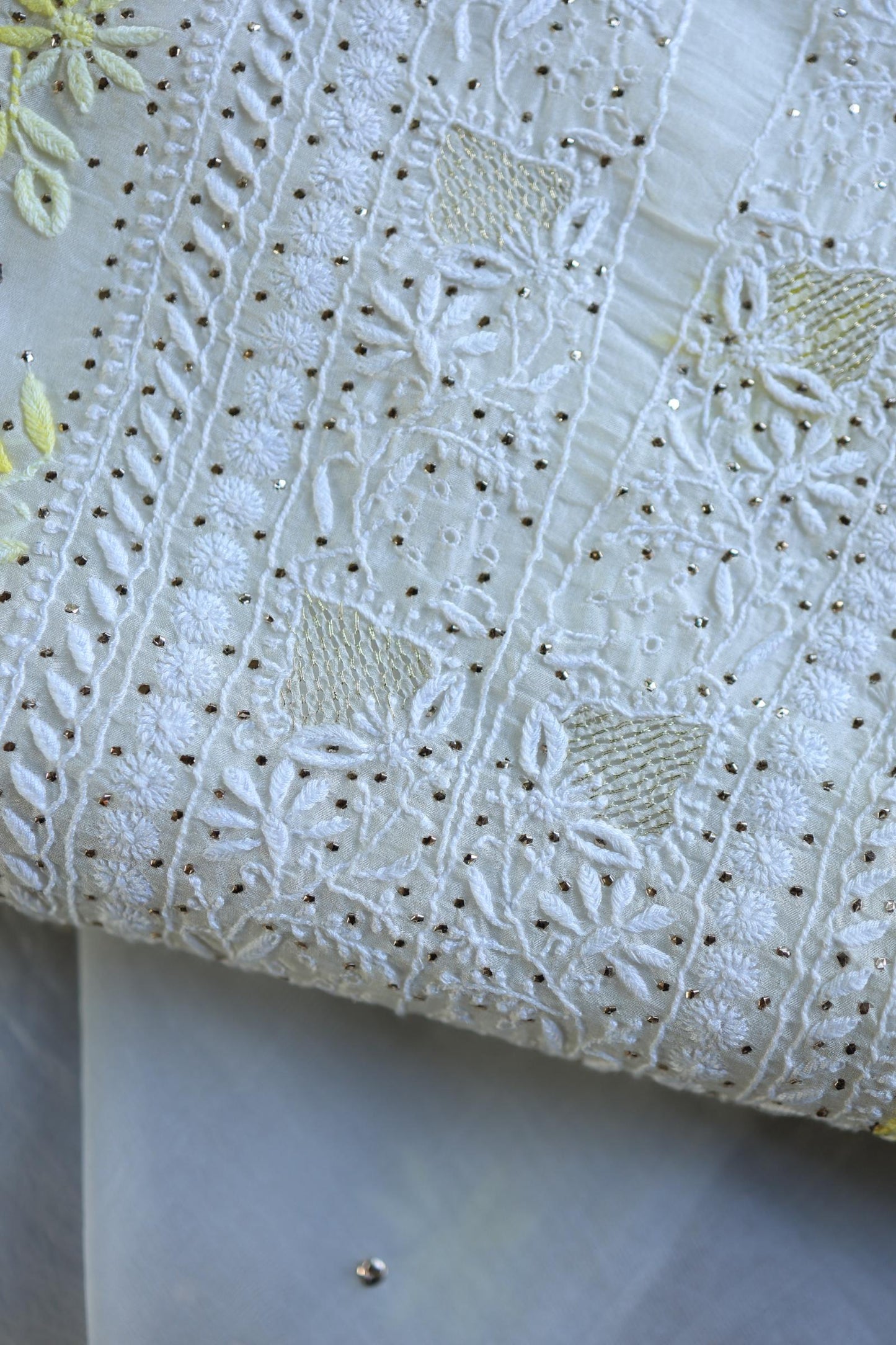 White & Yellow Noor Organza Silk Chikankari With Kamdani Fabric