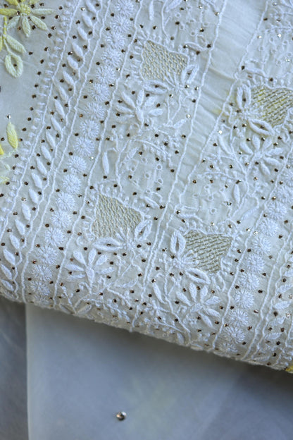 White & Yellow Noor Organza Silk Chikankari With Kamdani Fabric
