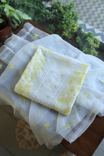 White & Yellow Noor Organza Silk Chikankari With Kamdani Fabric
