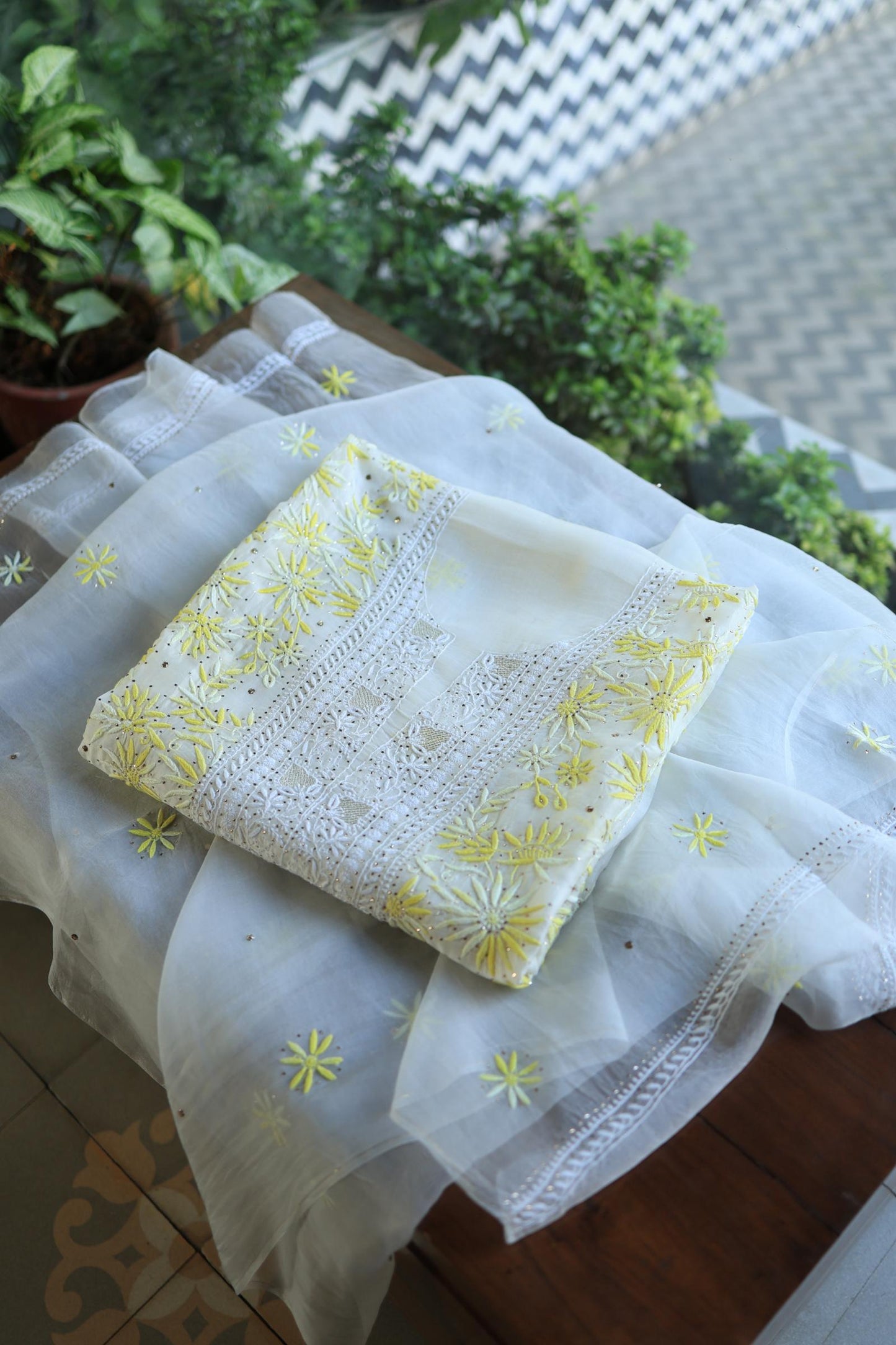 White & Yellow Noor Organza Silk Chikankari With Kamdani Fabric