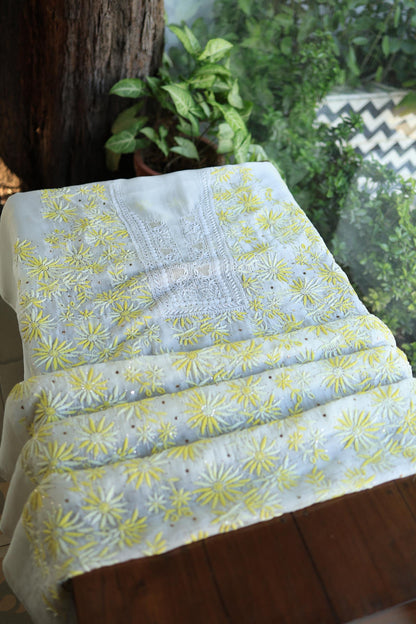 White & Yellow Noor Organza Silk Chikankari With Kamdani Fabric