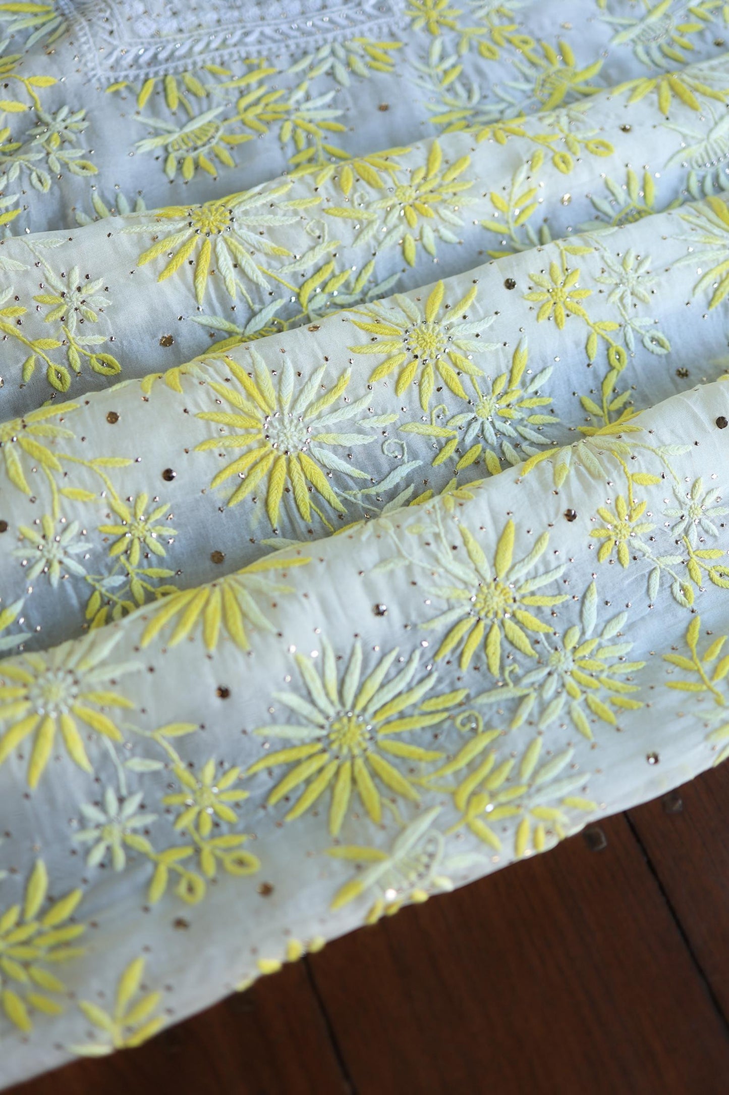 White & Yellow Noor Organza Silk Chikankari With Kamdani Fabric