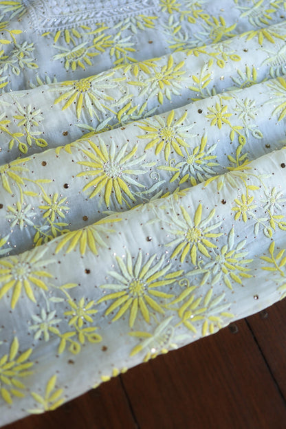 White & Yellow Noor Organza Silk Chikankari With Kamdani Fabric