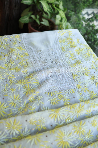 White & Yellow Noor Organza Silk Chikankari With Kamdani Fabric
