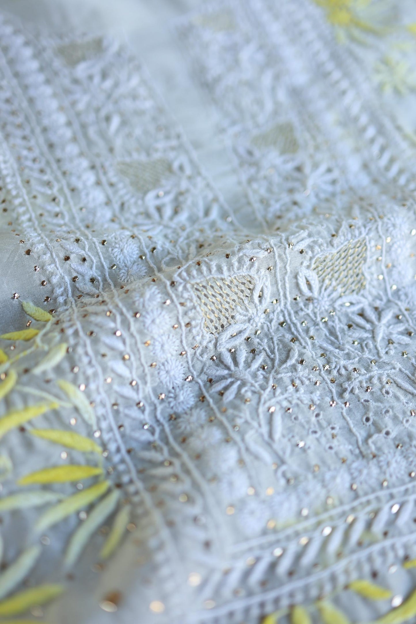 White & Yellow Noor Organza Silk Chikankari With Kamdani Fabric