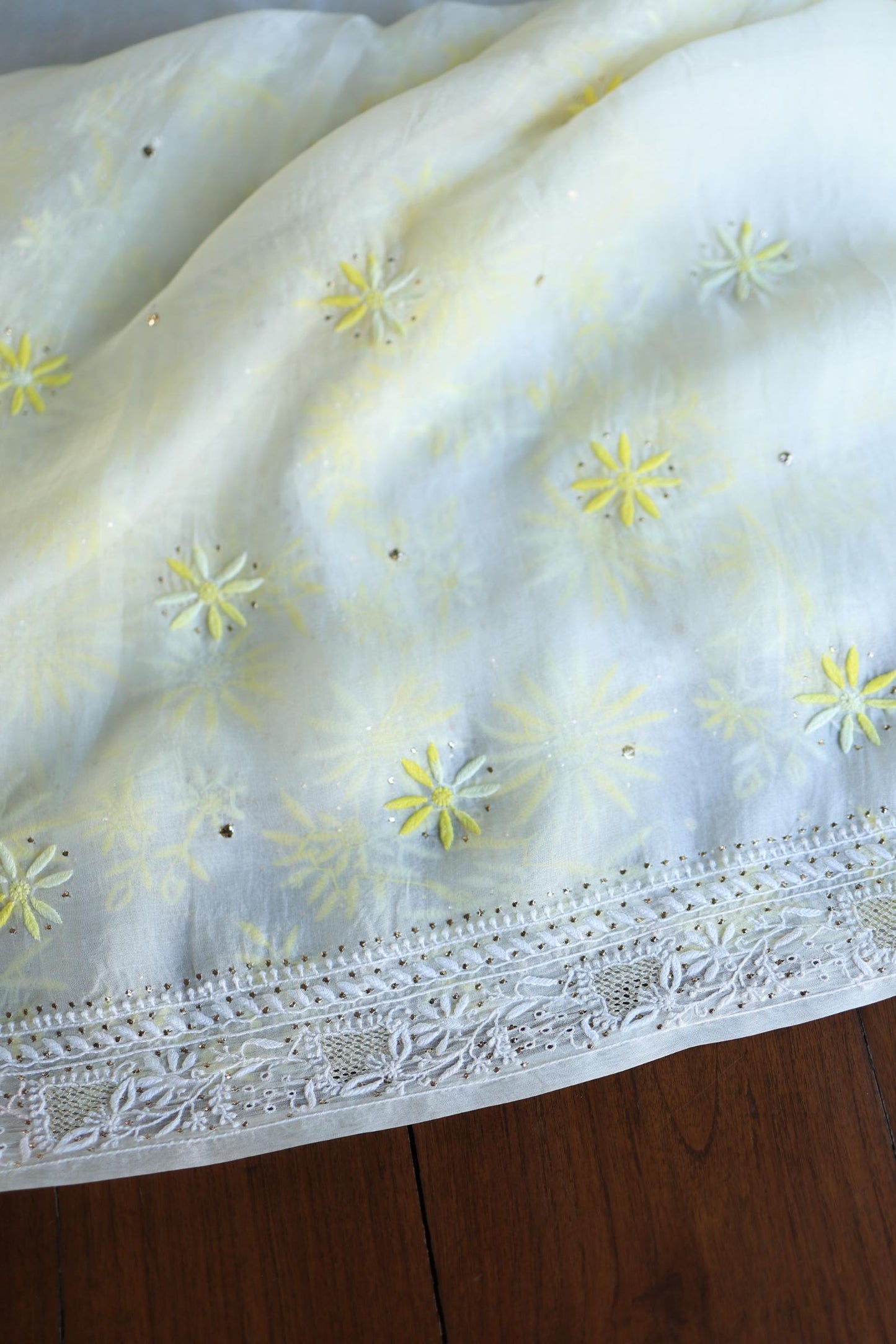 White & Yellow Noor Organza Silk Chikankari With Kamdani Fabric