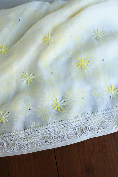 White & Yellow Noor Organza Silk Chikankari With Kamdani Fabric
