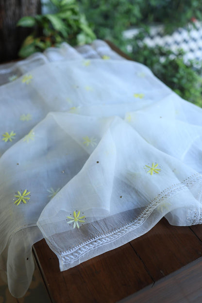 White & Yellow Noor Organza Silk Chikankari With Kamdani Fabric