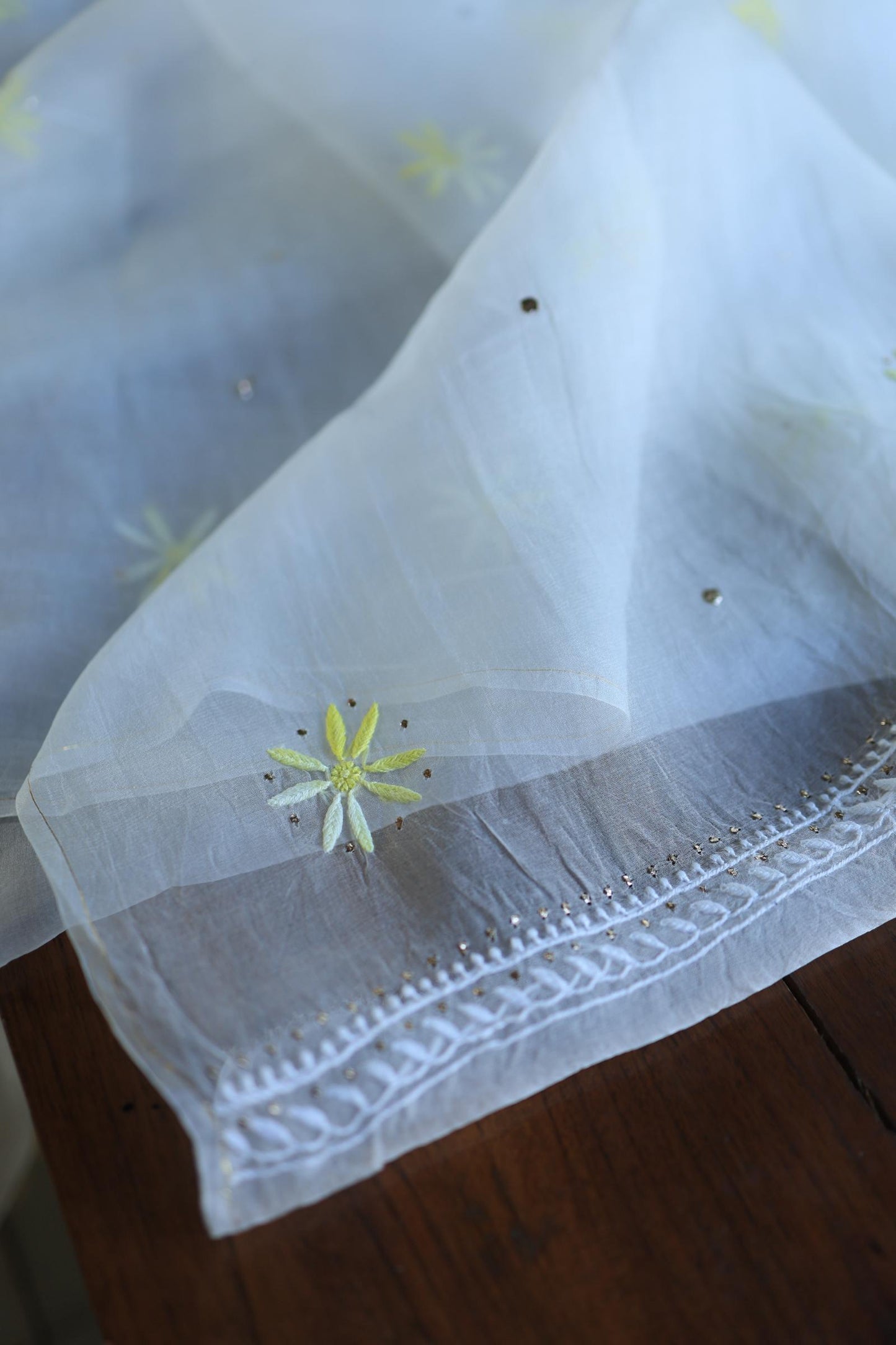 White & Yellow Noor Organza Silk Chikankari With Kamdani Fabric