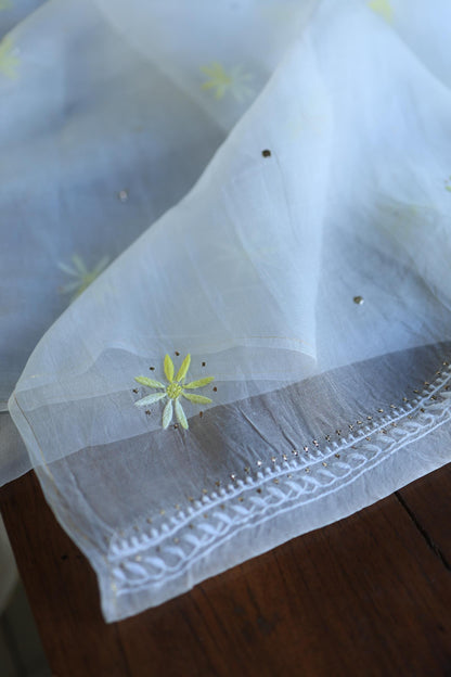White & Yellow Noor Organza Silk Chikankari With Kamdani Fabric