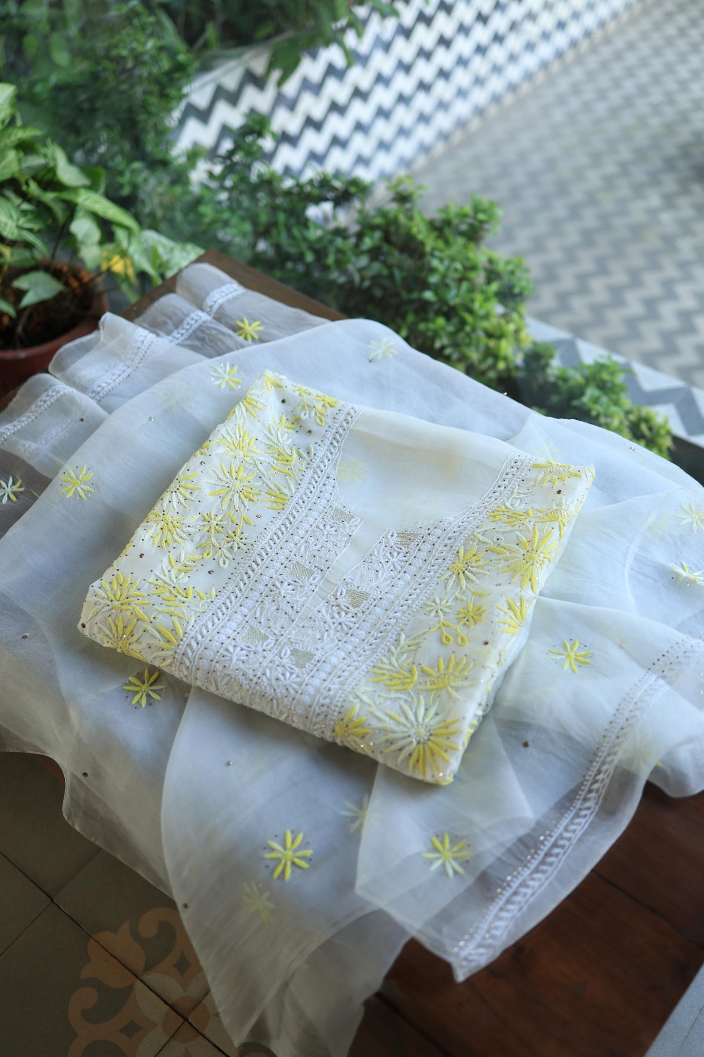 White & Yellow Noor Organza Silk Chikankari With Kamdani Fabric