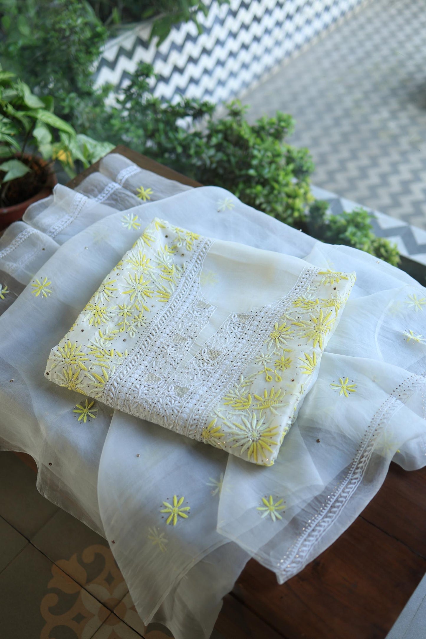White & Yellow Noor Organza Silk Chikankari With Kamdani Fabric