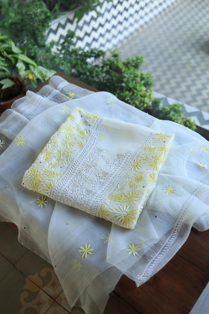 White & Yellow Noor Organza Silk Chikankari With Kamdani Fabric