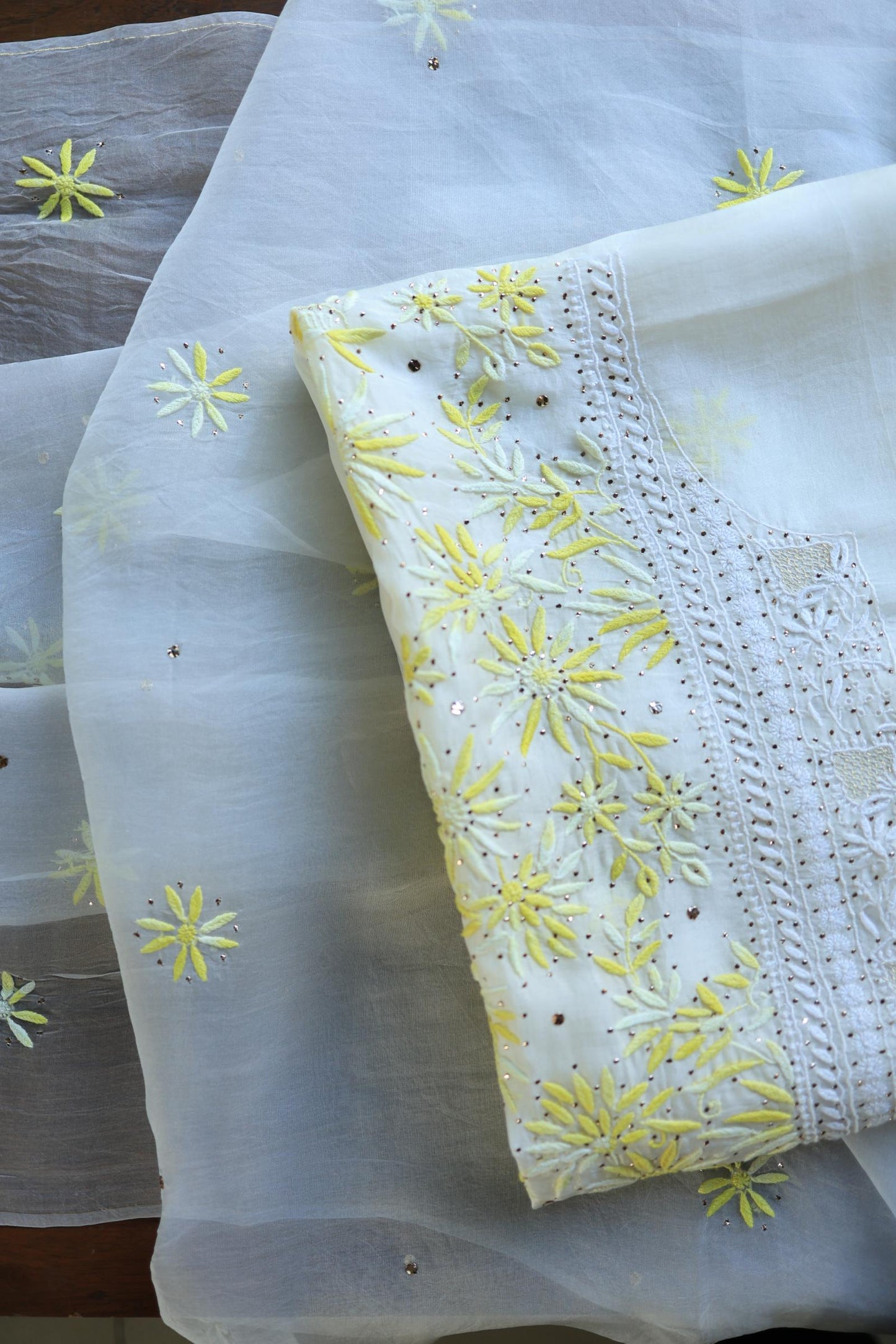 White & Yellow Noor Organza Silk Chikankari With Kamdani Fabric