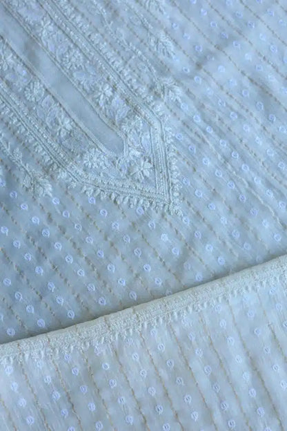 White Zari Chanderi Unisex Chikankari Men’s Kurta Fabric