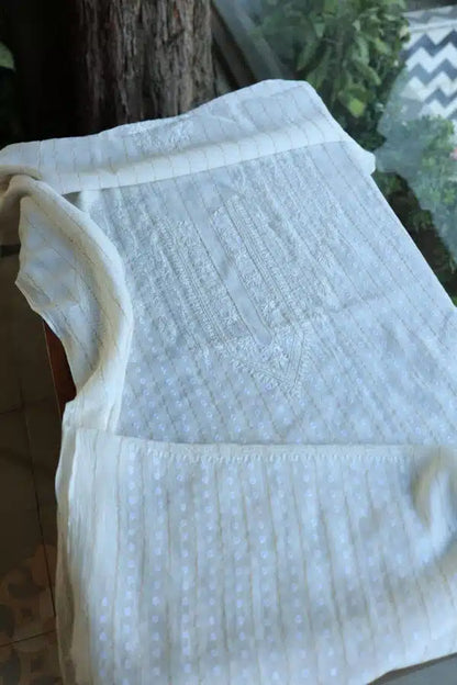 White Zari Chanderi Unisex Chikankari Men’s Kurta Fabric