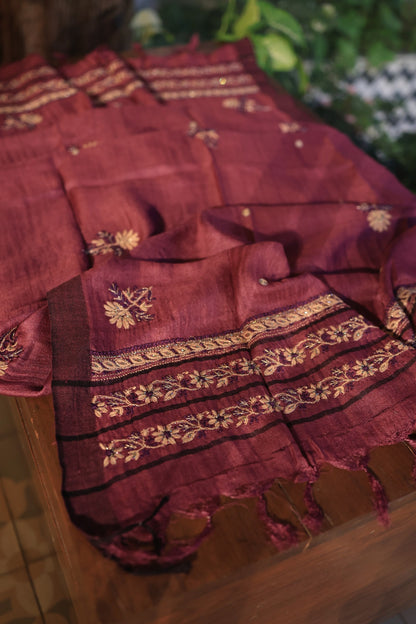 Wine Berry Shade Pashmina x Chikankari Fabrics