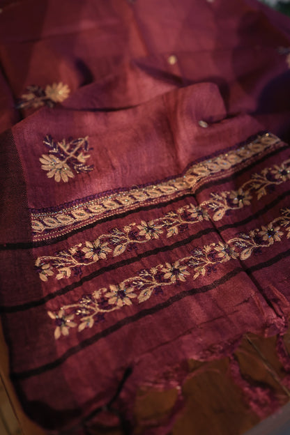 Wine Berry Shade Pashmina x Chikankari Fabrics