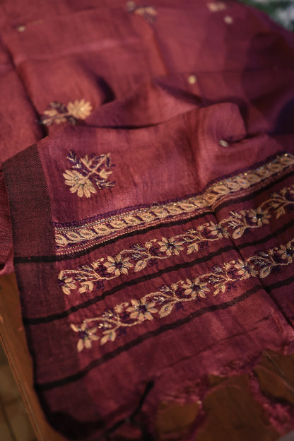 Wine Berry Shade Pashmina x Chikankari Fabrics