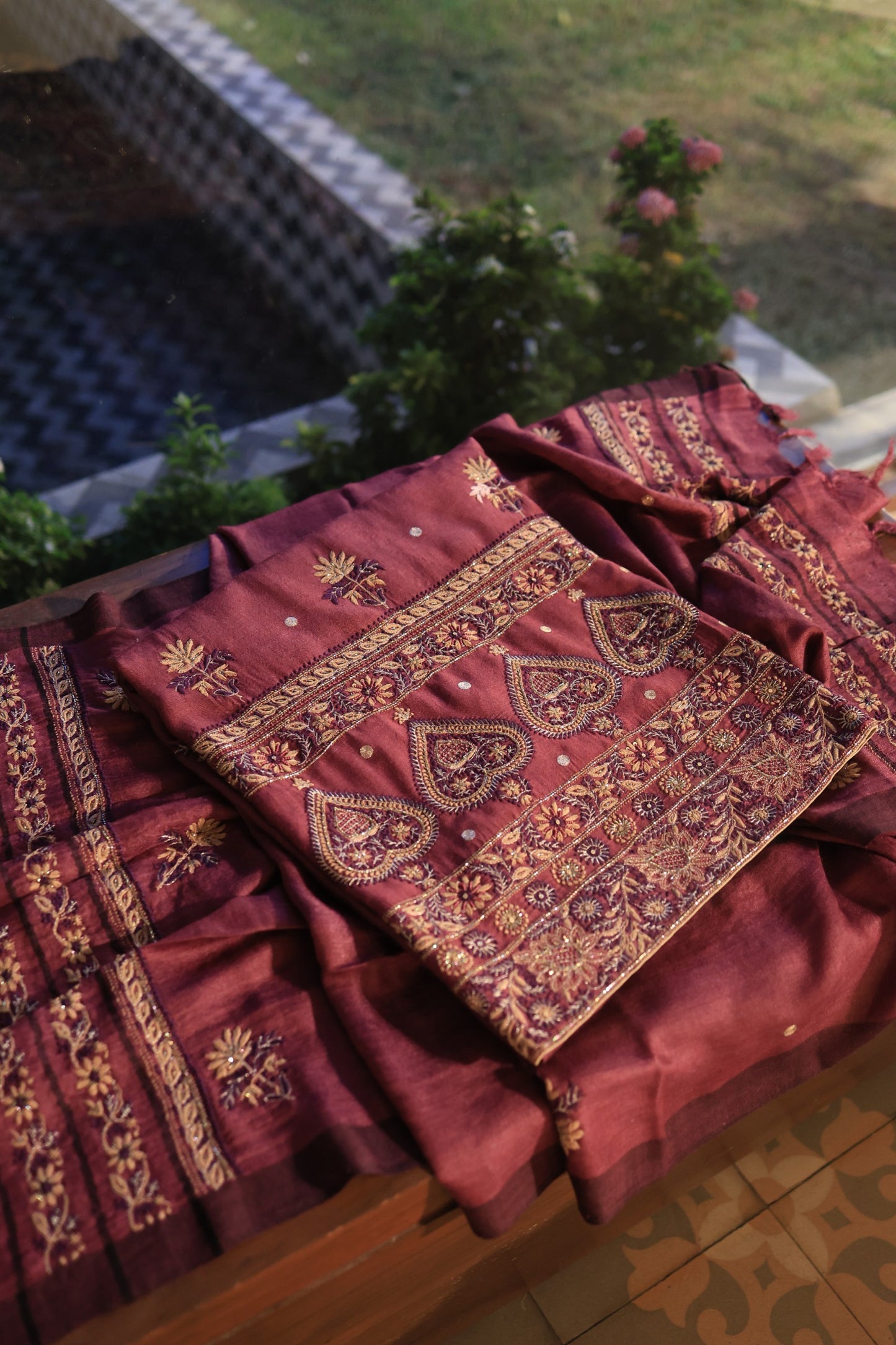 Wine Berry Shade Pashmina x Chikankari Fabrics