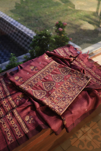 Wine Berry Shade Pashmina x Chikankari Fabrics