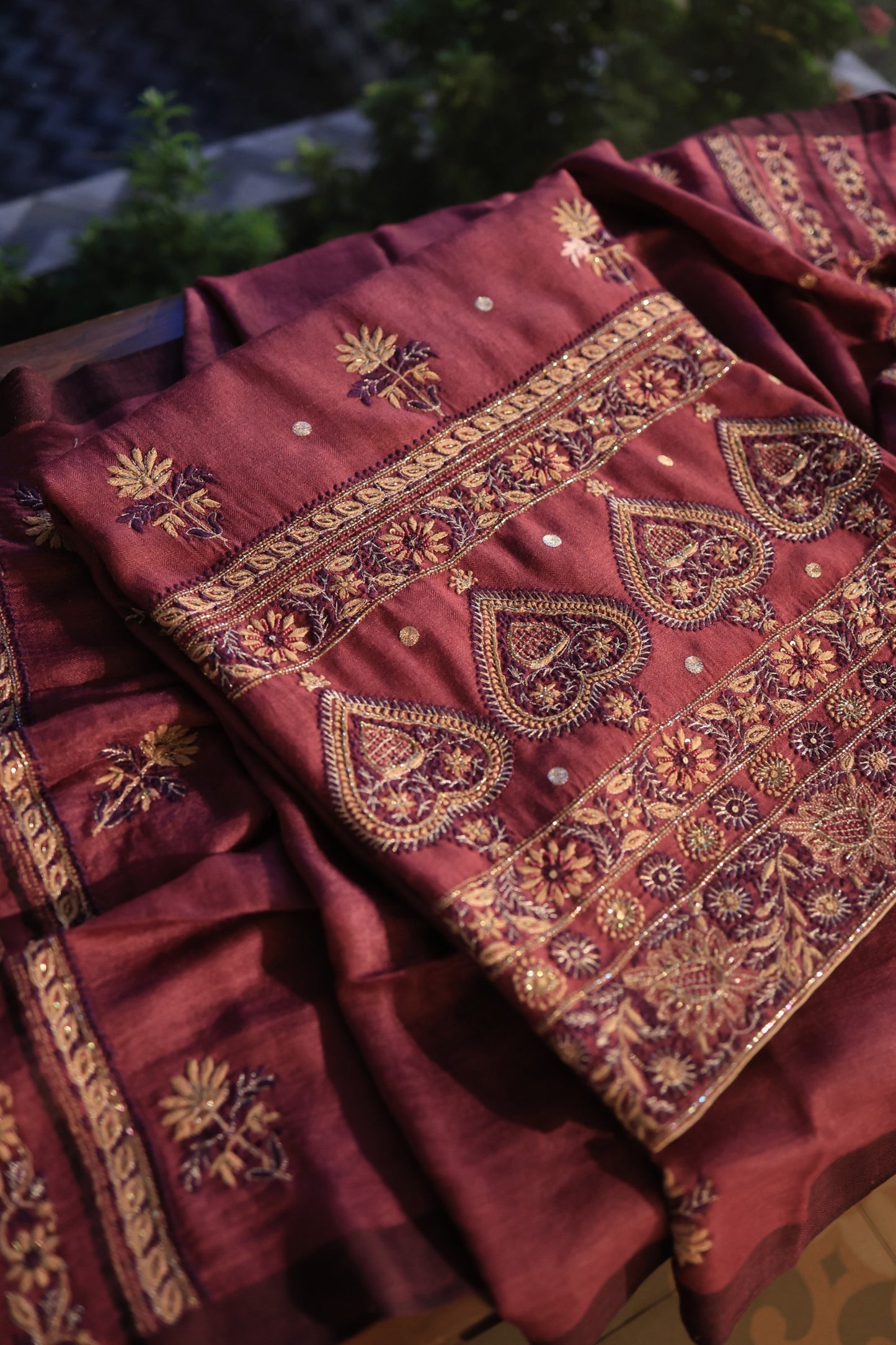 Wine Berry Shade Pashmina x Chikankari Fabrics