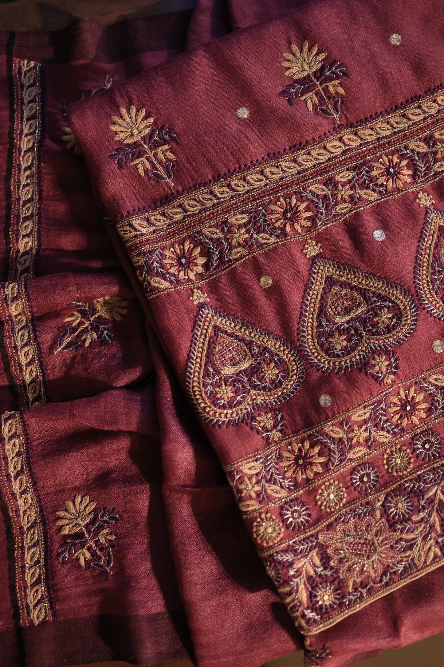 Wine Berry Shade Pashmina x Chikankari Fabrics