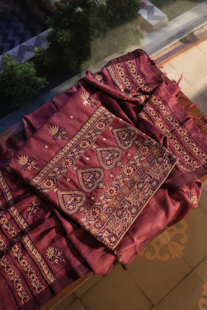 Wine Berry Shade Pashmina x Chikankari Fabrics