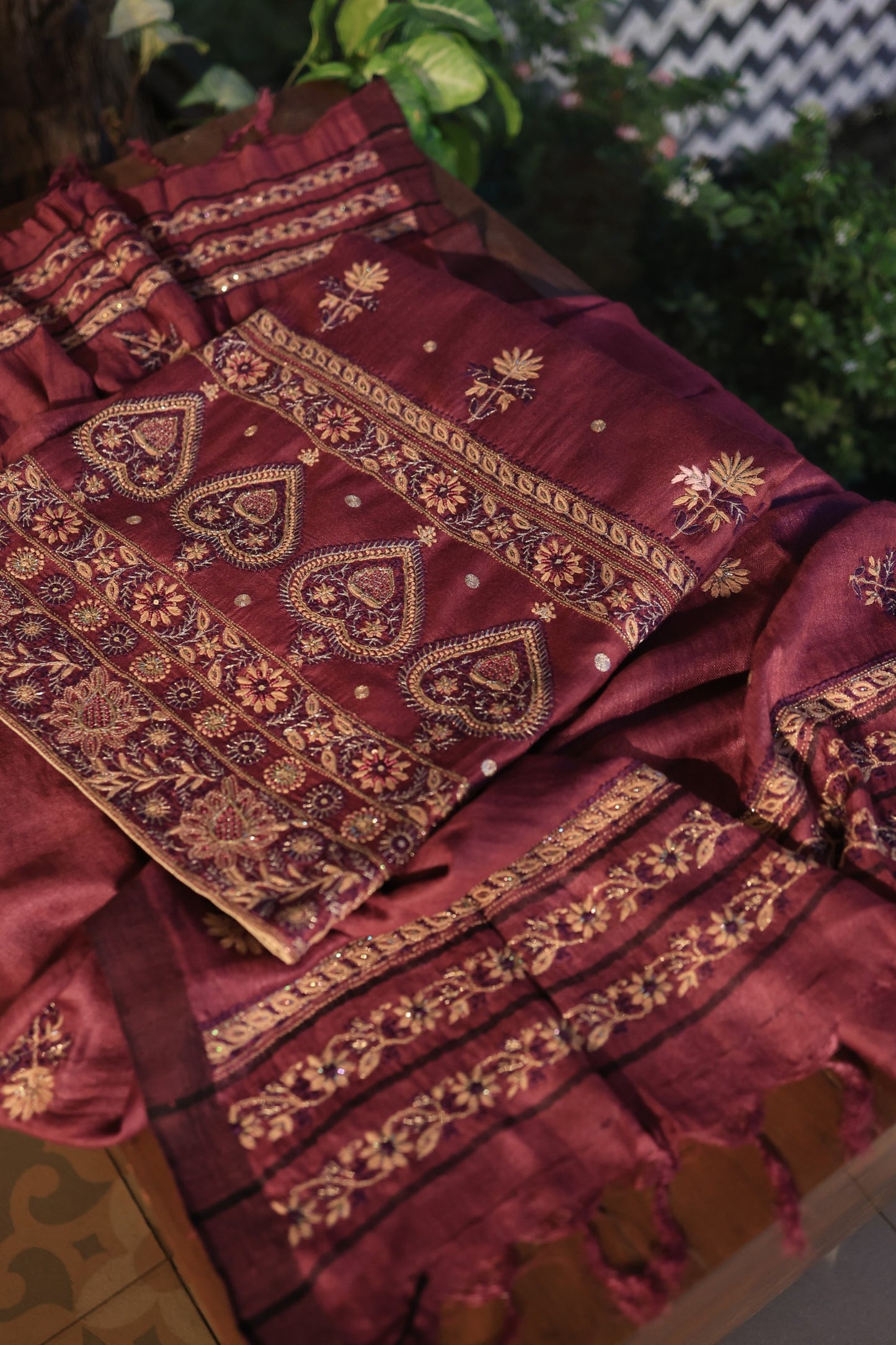 Wine Berry Shade Pashmina x Chikankari Fabrics