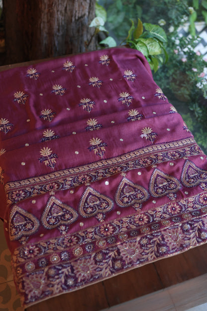 Wine Berry Shade Pashmina x Chikankari Fabrics