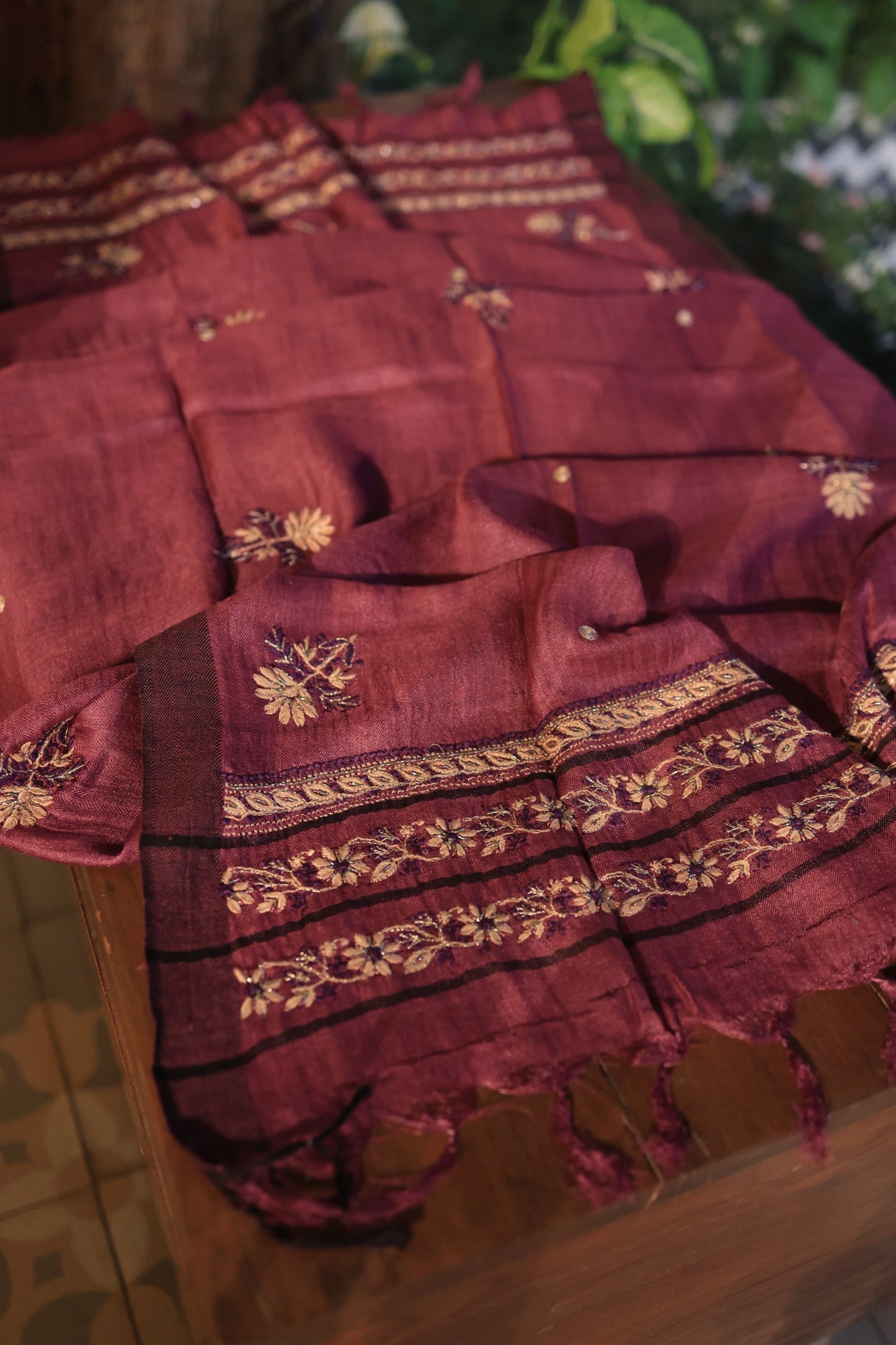 Wine Berry Shade Pashmina x Chikankari Fabrics
