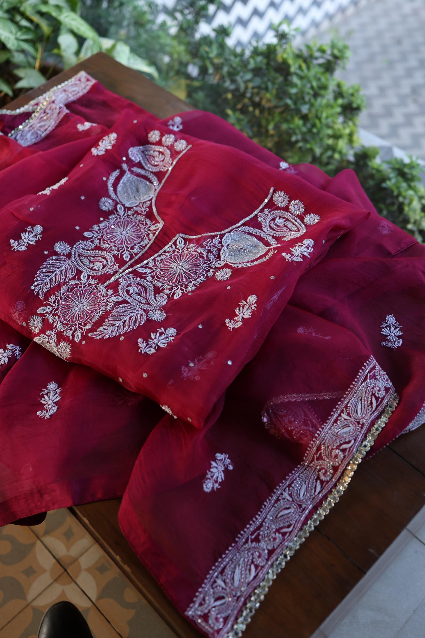 Wine Red Shade Noor Organza Silk Chikankari Unstitched Fabric