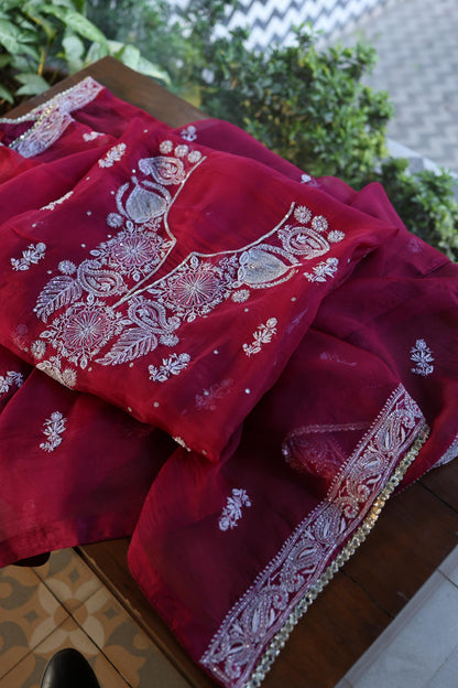 Wine Red Shade Noor Organza Silk Chikankari Unstitched Fabric