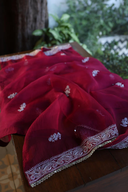Wine Red Shade Noor Organza Silk Chikankari Unstitched Fabric