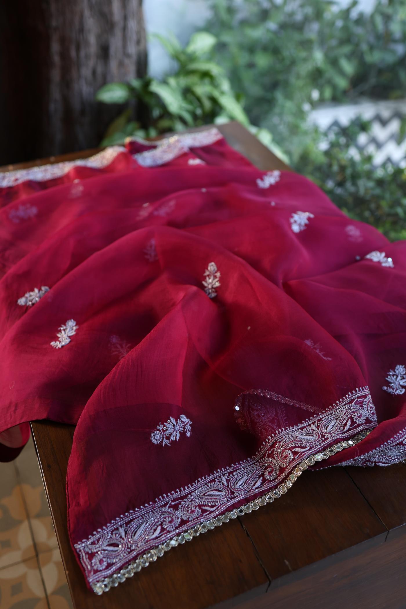 Wine Red Shade Noor Organza Silk Chikankari Unstitched Fabric