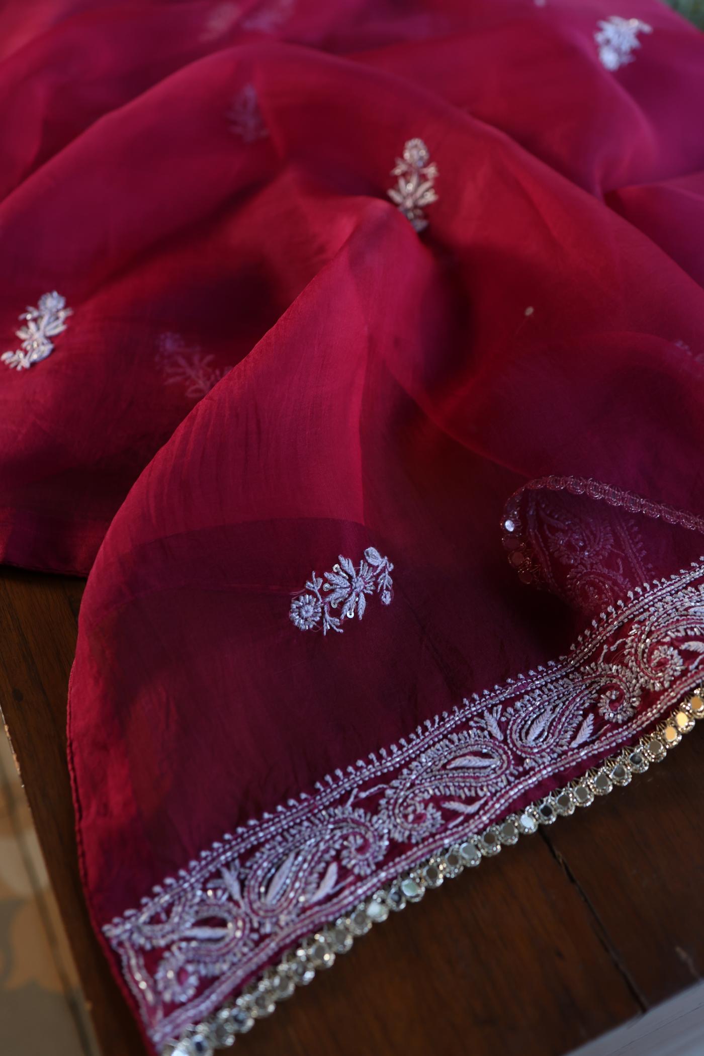 Wine Red Shade Noor Organza Silk Chikankari Unstitched Fabric