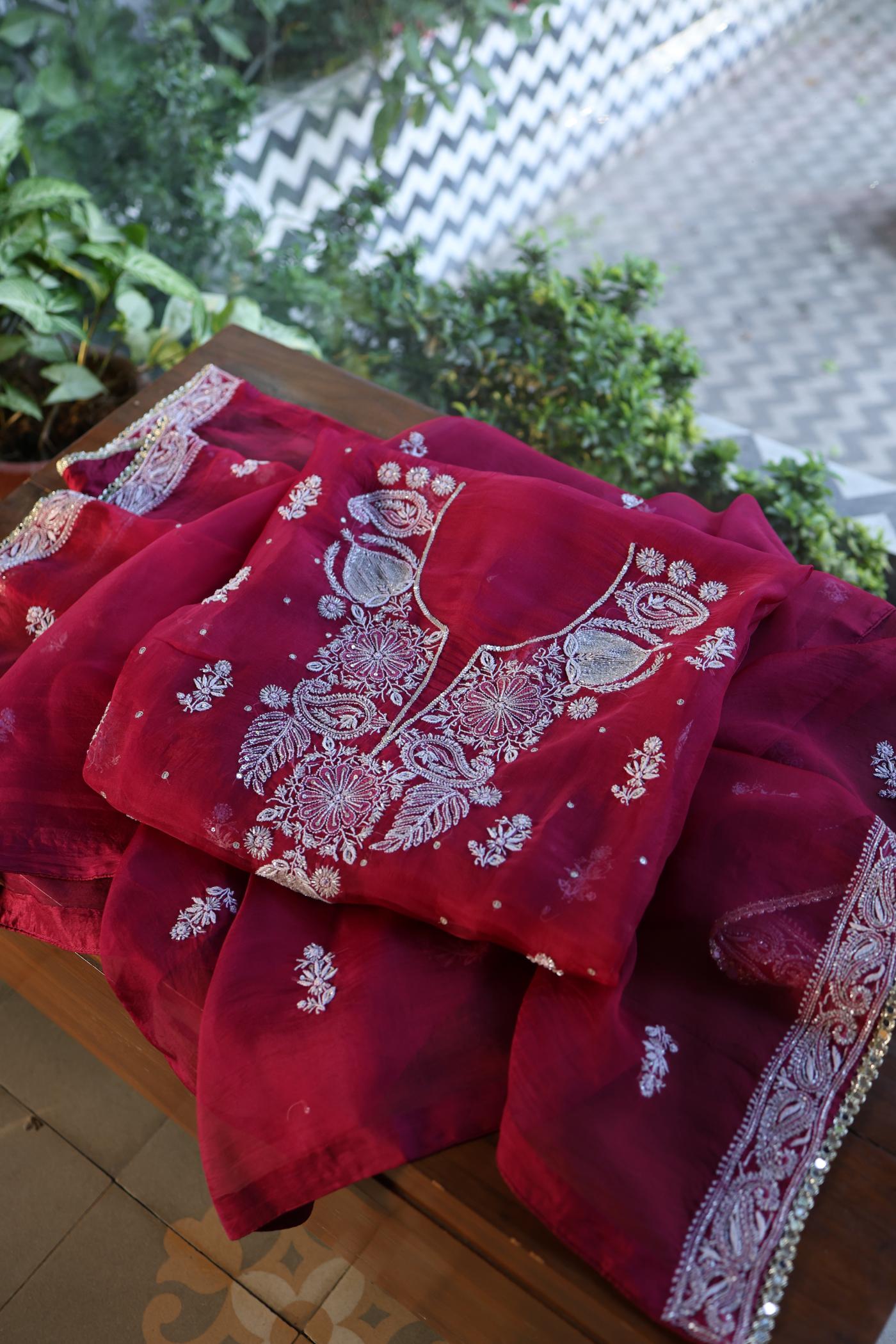 Wine Red Shade Noor Organza Silk Chikankari Unstitched Fabric