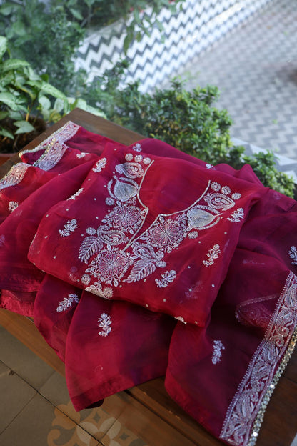 Wine Red Shade Noor Organza Silk Chikankari Unstitched Fabric