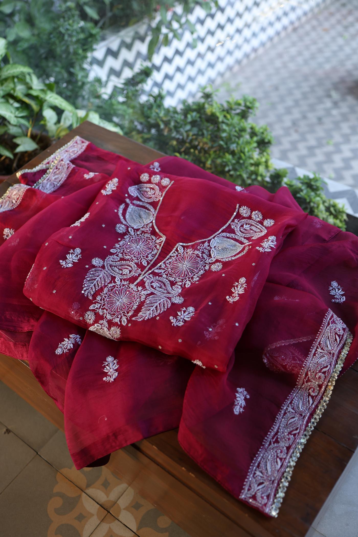Wine Red Shade Noor Organza Silk Chikankari Unstitched Fabric