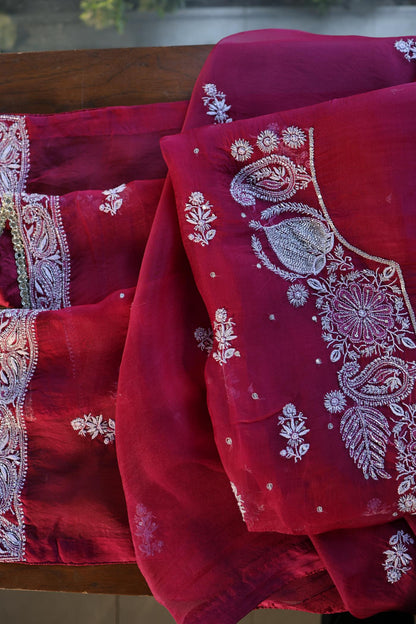 Wine Red Shade Noor Organza Silk Chikankari Unstitched Fabric
